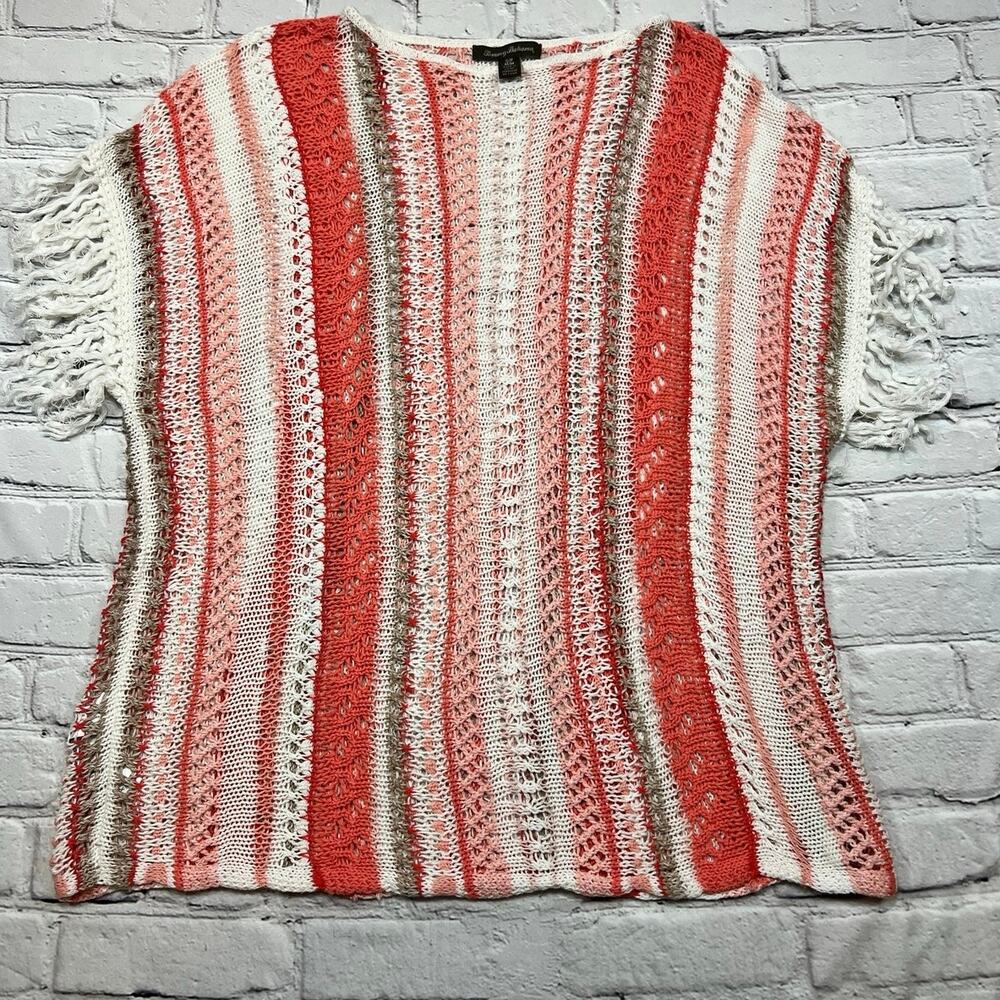 Tommy Bahama Open Knit Crochet Pink Orange Striped coverup Top size S/P M/M A706